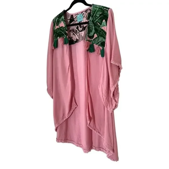 Judith March Tropical Pink & Green Tassel Palm Leaf  Fringe Hem Kimono Size L - Picture 3 of 10